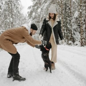 A couple enjoys a playful moment with their dog in a snow-covered forest in wintertime.