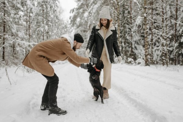 A couple enjoys a playful moment with their dog in a snow-covered forest in wintertime.