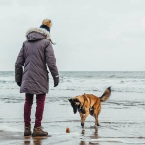 A person in winter clothes playing with a dog on a beach in Knokke-Heist.