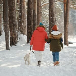 Couple in winter coats walking their dog in a snowy forest, symbolizing togetherness and nature.